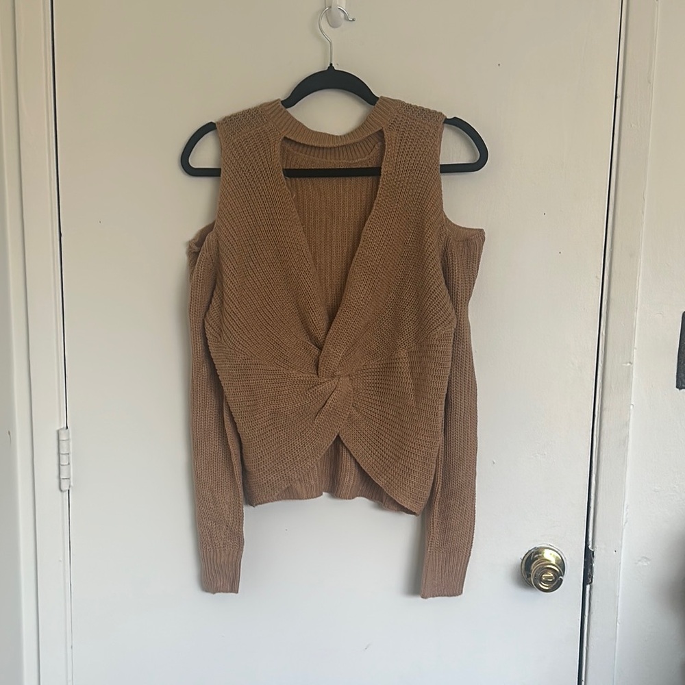 Tan Off-the-Shoulder Sweater with Fitted Silhouette and Ruching Detail